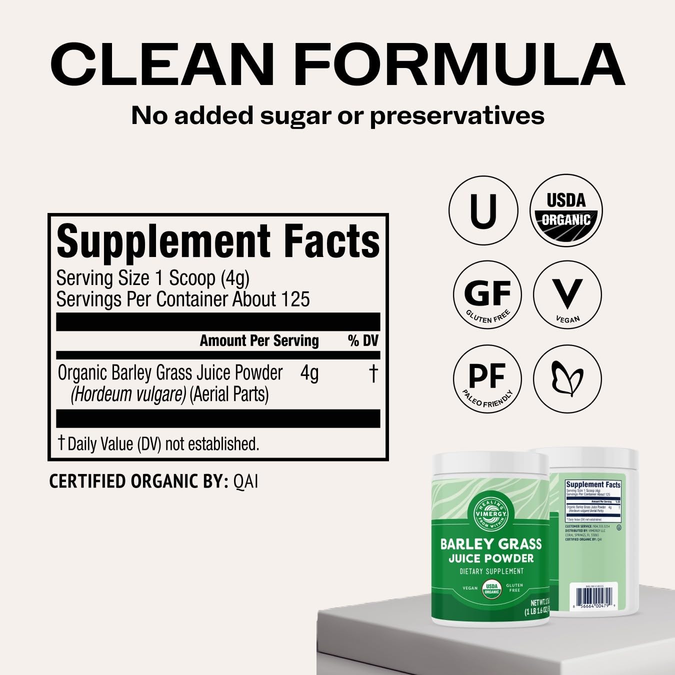 Vimergy Barley Grass Juice Powder Dietary Supplement - 4g per Serving (62 Servings) – Clean Superfood – Promotes Cardiovascular Health* – Organic, Vegan & Gluten-Free – Regular Size 250g