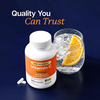 Vitamin C 1000mg, Immune Support, Timed-Release Capsules, 1 Year Supply | Vitamin C Supplement with Acerola Cherry & Rose Hips, Daily Antioxidant & Wellness Support, Vegan, Non-GMO, 365 Capsules