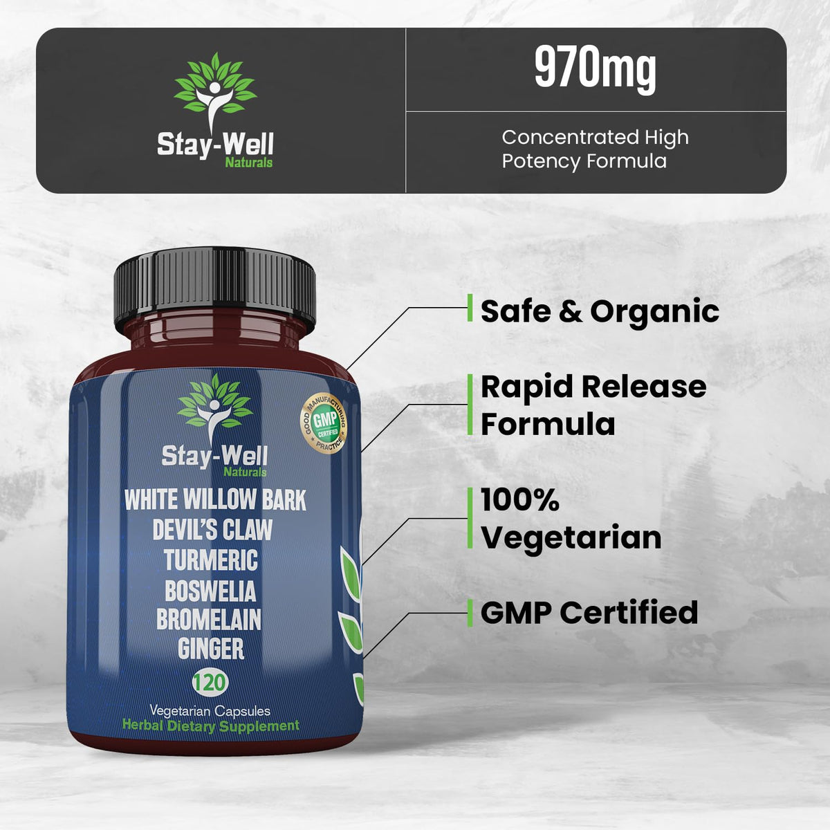 Stay-Well Naturals Pain Relief- White Willow Bark Extract, Devil's Claw, Turmeric, Boswellia