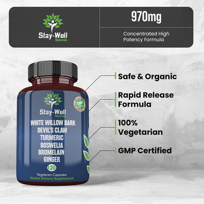 Stay-Well Naturals Pain Relief- White Willow Bark Extract, Devil's Claw, Turmeric, Boswellia