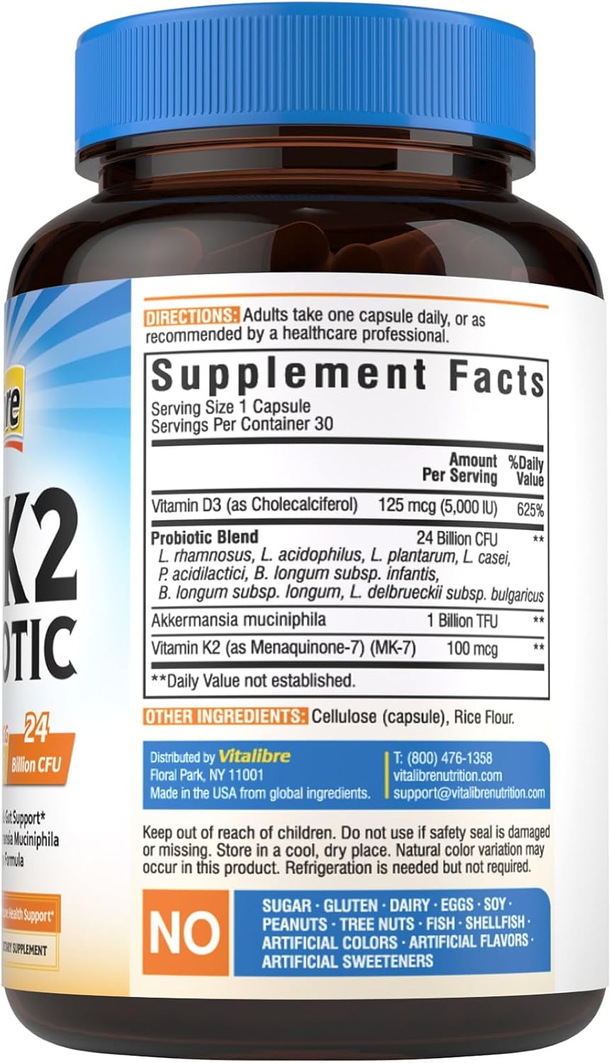 Vitalibre D3 K2 Probiotic Supplement, Vitamin D3 5000 IU & K2 100 mcg, with Probiotics for Women & Men, Akkermansia Muciniphila, Bone, Gut & Immune Support, Non-GMO, Easy to Swallow, 30 Capsules