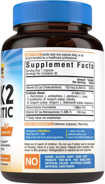 Vitalibre D3 K2 Probiotic Supplement, Vitamin D3 5000 IU & K2 100 mcg, with Probiotics for Women & Men, Akkermansia Muciniphila, Bone, Gut & Immune Support, Non-GMO, Easy to Swallow, 30 Capsules