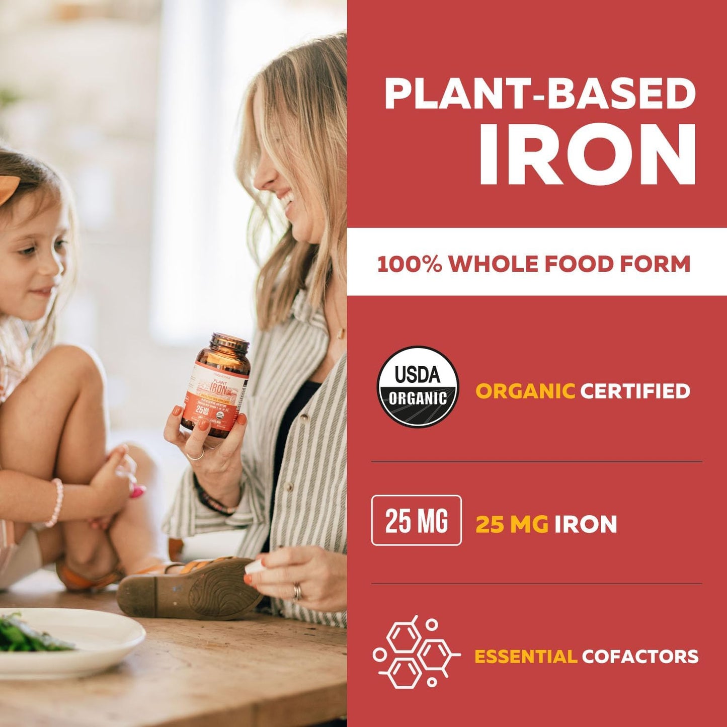 Organic Iron Supplement | Whole Food Mineral & Cofactors, 25 mg Elemental | Enhanced Absorption Plus Blood Health Vitamins – Gentle Form – Supports Healthy Levels & Blood Health – 90 Capsules