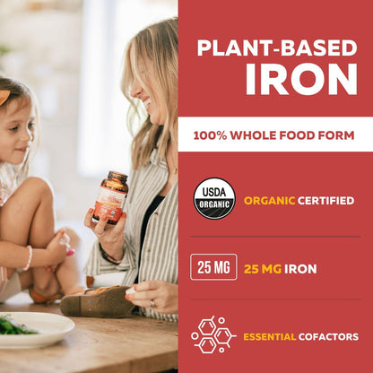 Organic Iron Supplement | Whole Food Mineral & Cofactors, 25 mg Elemental | Enhanced Absorption Plus Blood Health Vitamins – Gentle Form – Supports Healthy Levels & Blood Health – 90 Capsules