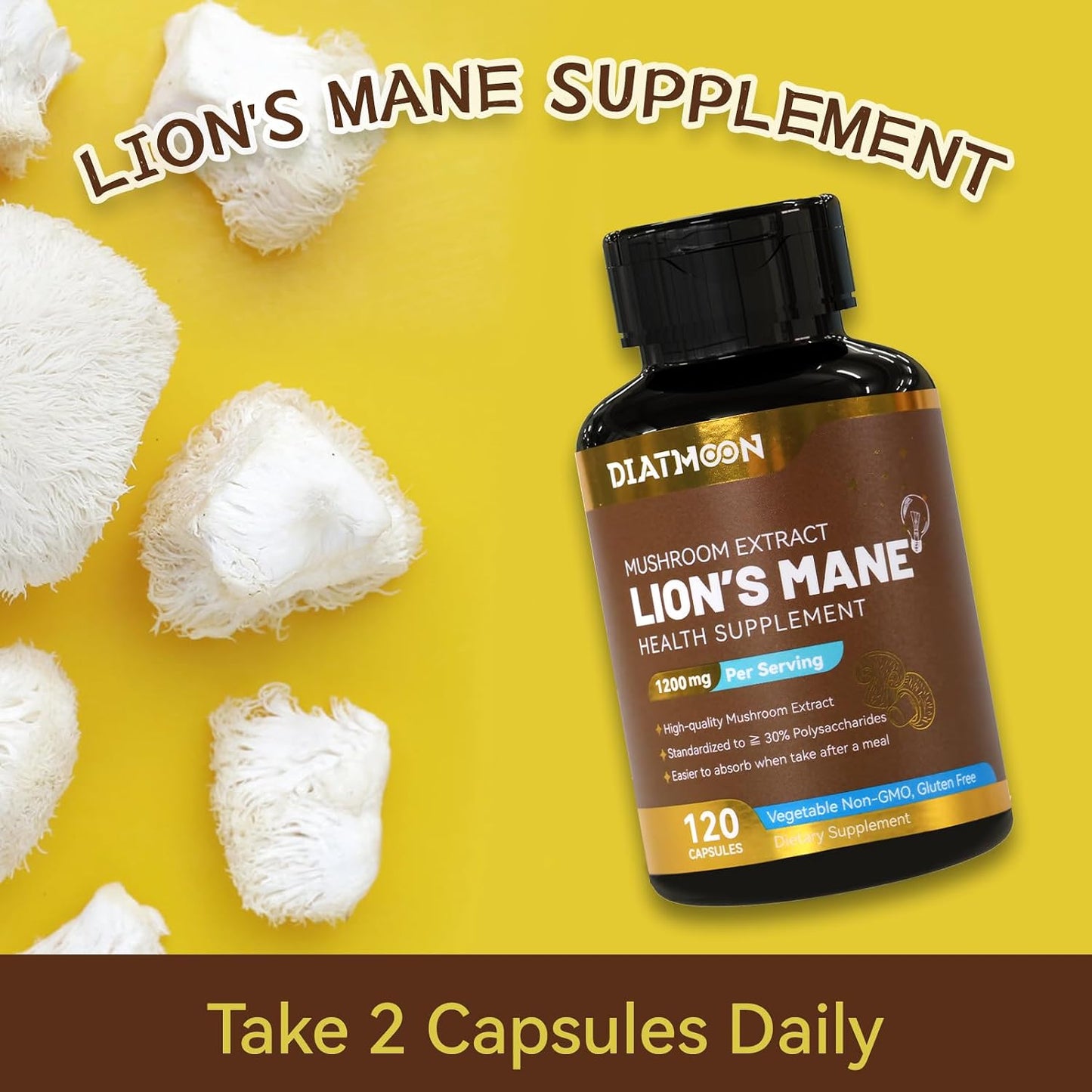 Lion’s Mane Capsules 1200mg, Immune Support, 120 Count