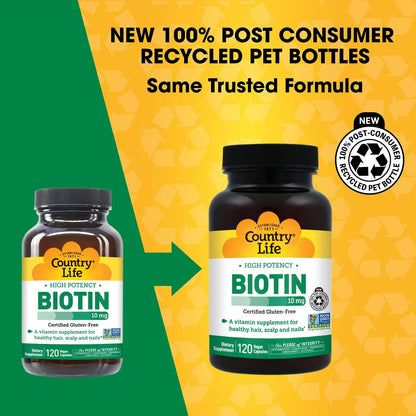Country Life High-Potency Biotin 10mg - Vegan & Gluten-Free Biotin Supplement for Skin & Nails, Energy Metabolism - Biotin 10000mcg Capsules