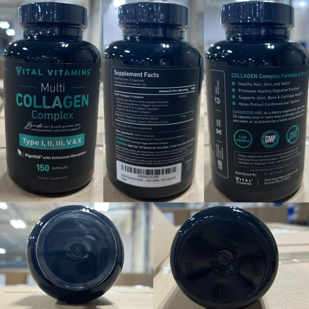 Vital Vitamins Multi Collagen Peptides Complex for Women & Men, 150 Pills | Supports Skin, Hair & Nails, 5 Collagen Types I II III V & X, Grass-Fed Non-GMO Collagen Supplements