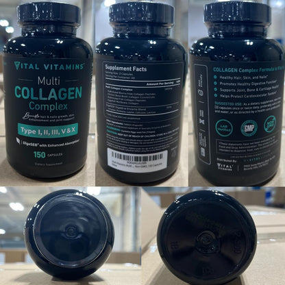 Vital Vitamins Multi Collagen Peptides Complex for Women & Men, 150 Pills | Supports Skin, Hair & Nails, 5 Collagen Types I II III V & X, Grass-Fed Non-GMO Collagen Supplements