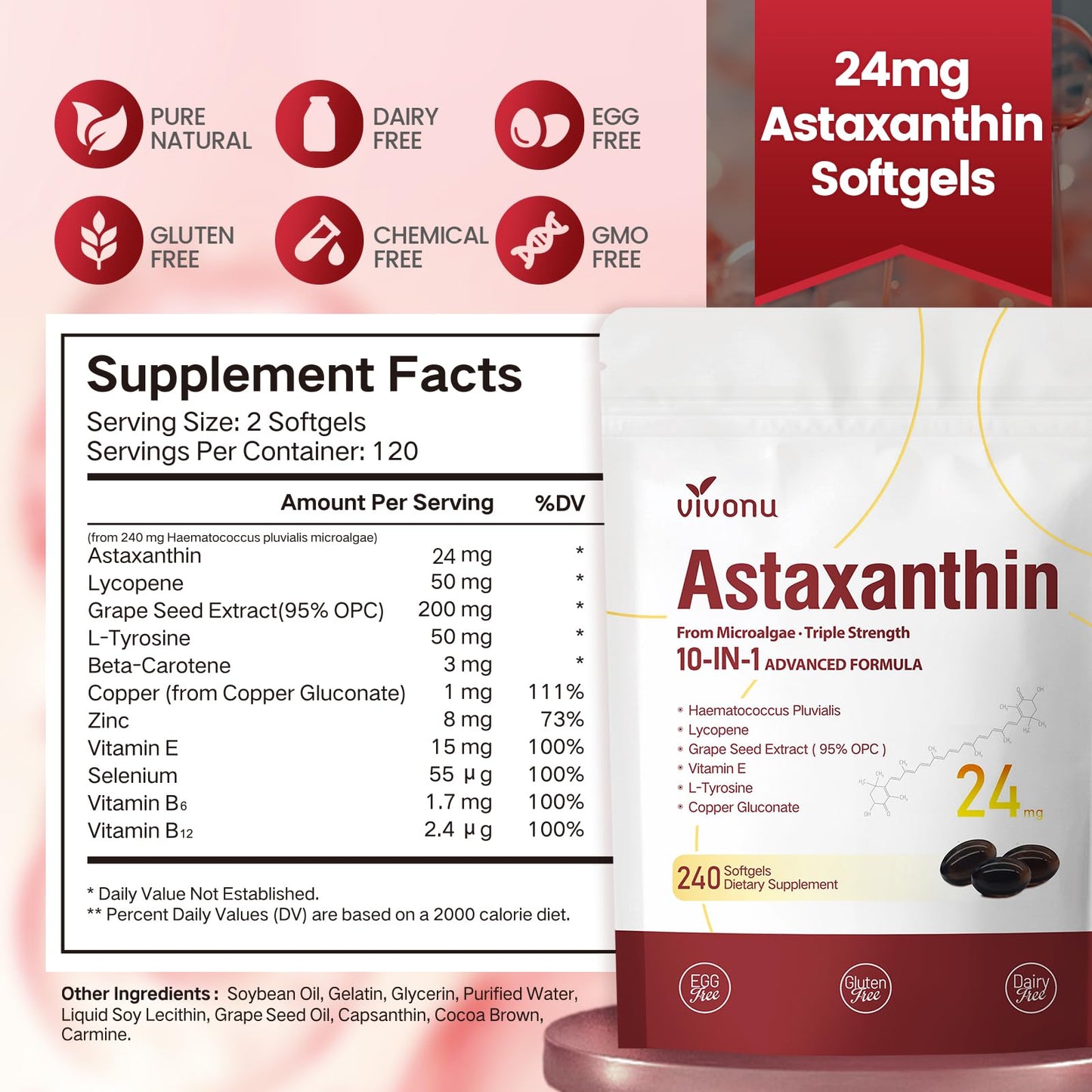 10 in 1 Astaxanthin 12mg Supplements, 4 Month Supply, Astaxantina Antioxidant from Fresh Haematococcus Pluvialis, Contains Lycopene, Grape Seed, Vitamin E, & More Supports Eye, Joints, Skin Health