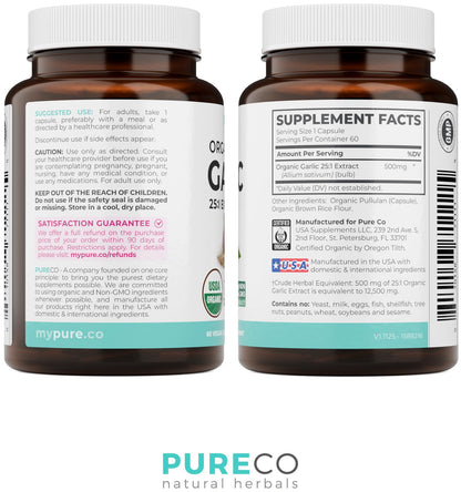 PURE CO USDA Organic Garlic Supplement - High Potency 25:1 Garlic Extract with 12,500mg Herbal Equivalent Strength for Immune & Heart Support - Odorless Vegan & Non-GMO (4 Month Supply)