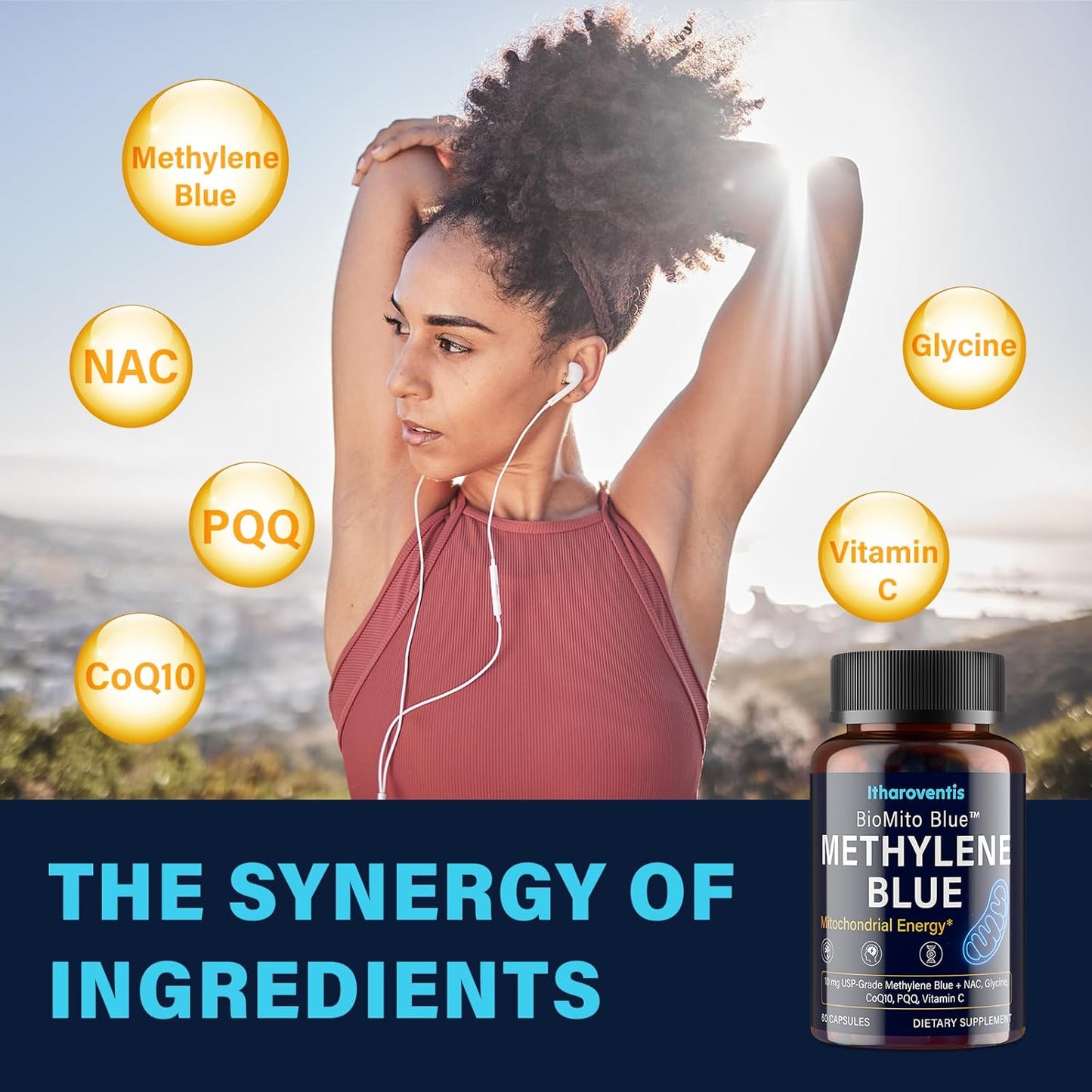 Itharoventis Methylene Blue Capsules with CoQ10, NAC & PQQ, 60 Count | USP-grade methylene blue with glycine and vitamin C; capsule format, formaldehyde-free formula