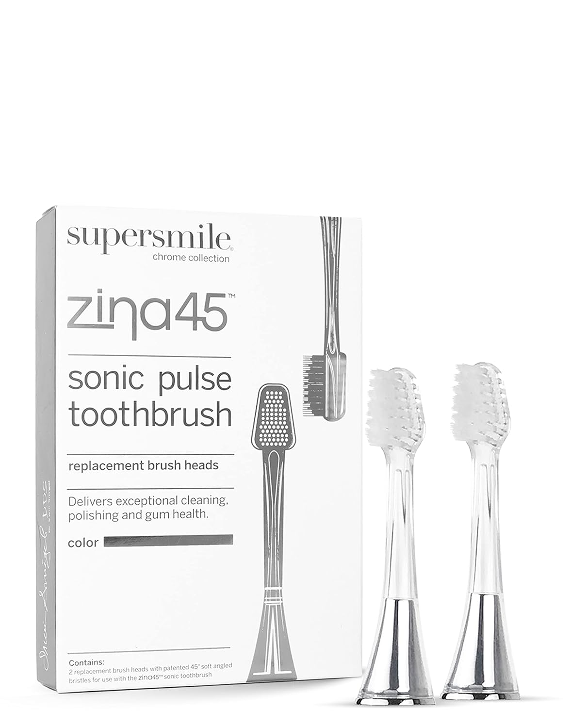 Supersmile Zina45 Replacement Brush Heads, Silver, 2-Pack