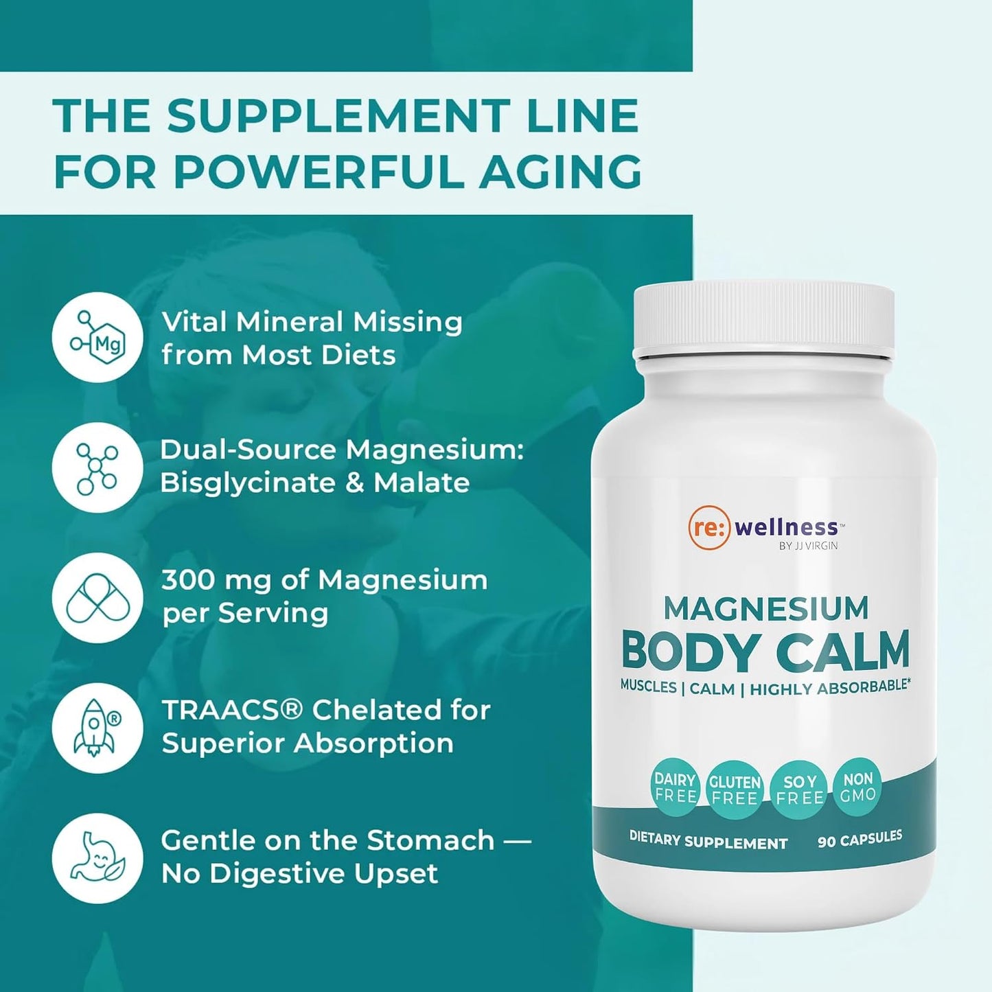 Reignite Wellness by JJ Virgin | Magnesium Body Calm | Chelated Magnesium Supplement for Energy Production, Sense of Calm & Immune Support | Magnesium Bisglycinate Chelate Complex | 120 Capsules