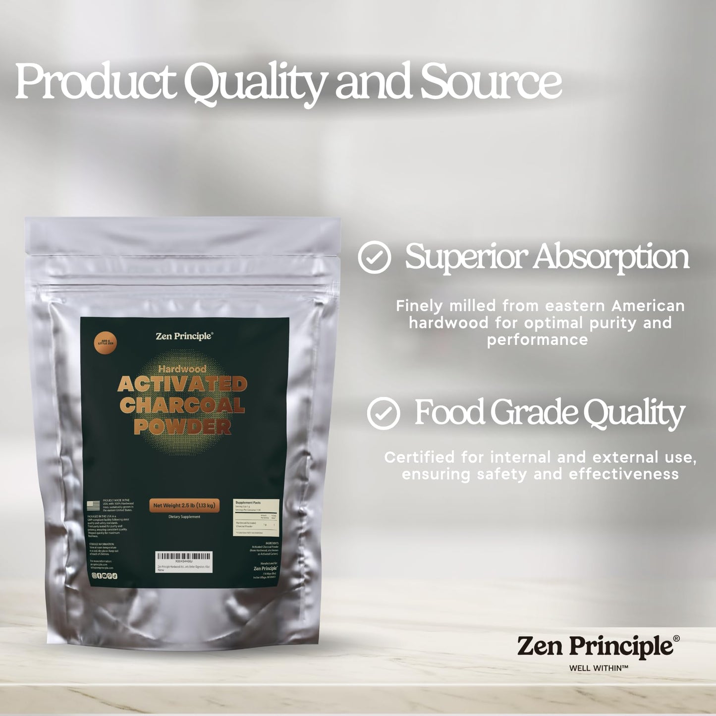 Zen Principle Hardwood Activated Charcoal Powder 100 Percent from USA Trees. All Natural. Whitens Teeth, Rejuvenates Skin and Hair, Supports Better Digestion, 40 Oz