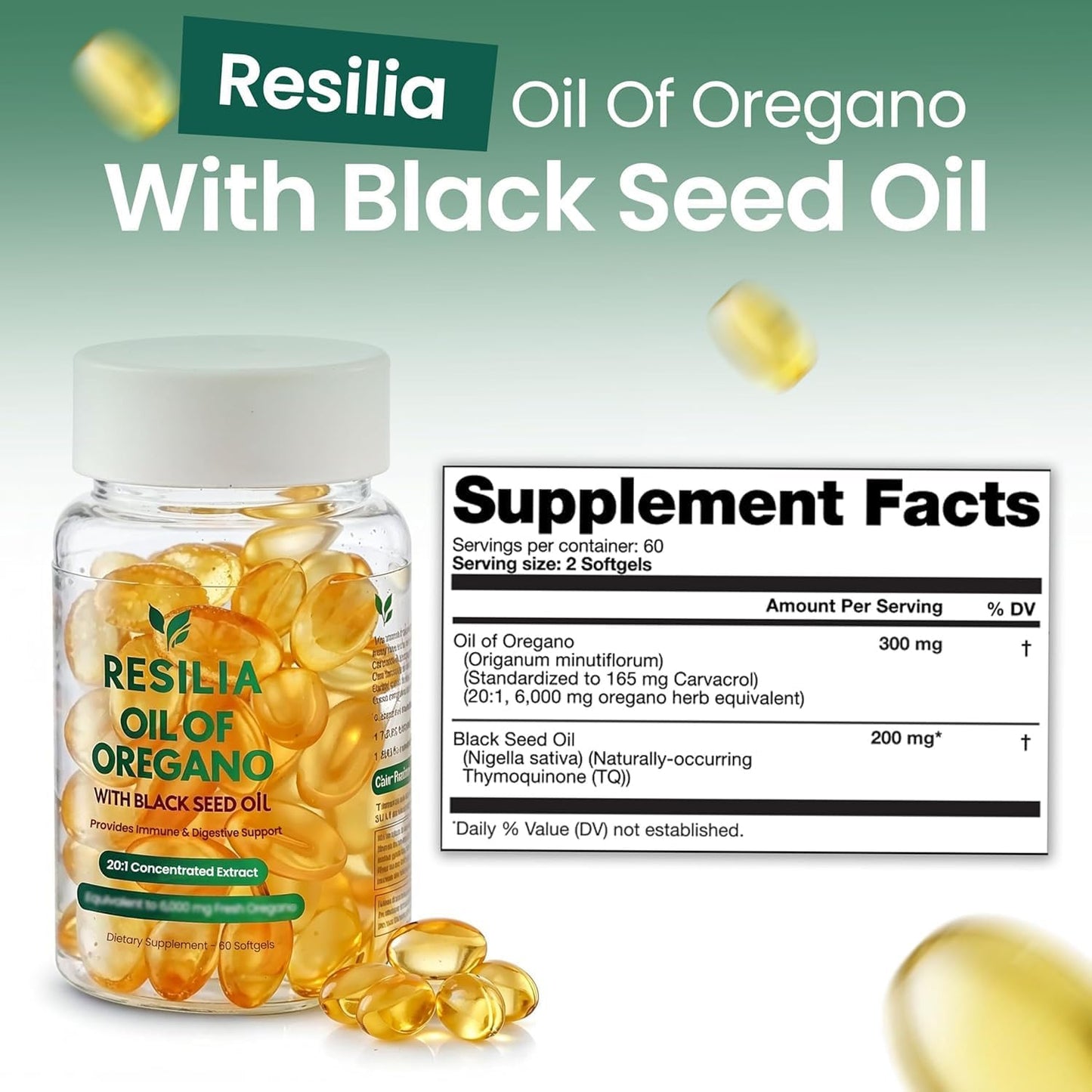 Resilia Black Seed Oil Softgels – Organic Oil of Oregano Capsules for Immune & Digestive Support – Non-GMO, Gluten-Free – New Bottle Packaging (60 Count)