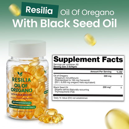 Resilia Black Seed Oil Softgels – Organic Oil of Oregano Capsules for Immune & Digestive Support – Non-GMO, Gluten-Free – New Bottle Packaging (60 Count)