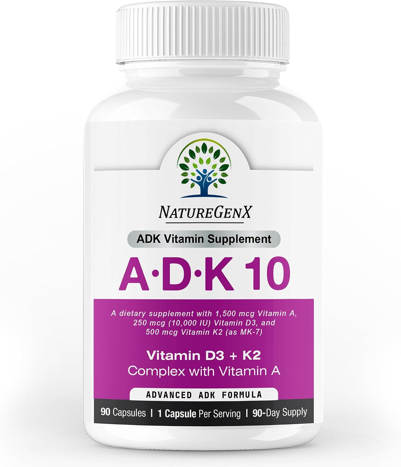 NatureGenX ADK10 – Vitamins A, D3 250 mcg & K2 MK-7 for Bone, Heart & Immune Health – Non-GMO, Gluten-Free, Soy-Free – 90 Capsules (3-Month Supply) | For Bone, Heart & Immune Health - Non-GMO, Gluten-Free, Soy-Free - 90 Capsules (3-Month Supply)