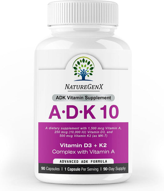 NatureGenX ADK10 – Vitamins A, D3 250 mcg & K2 MK-7 for Bone, Heart & Immune Health – Non-GMO, Gluten-Free, Soy-Free – 90 Capsules (3-Month Supply) | For Bone, Heart & Immune Health - Non-GMO, Gluten-Free, Soy-Free - 90 Capsules (3-Month Supply)