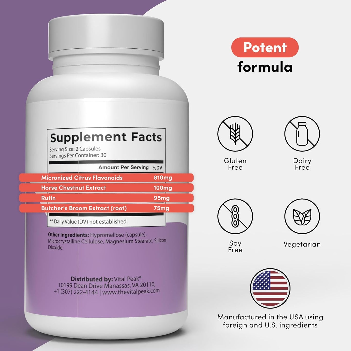 Vital Peak® Vein Care Blend | Circulation & Vein Support Supplements | Rutin, Horse Chestnut Extract, Butcher's Broom & Micronized Citrus Flavonoids, Vegetarian. 30 Days Supply. 60 Capsules