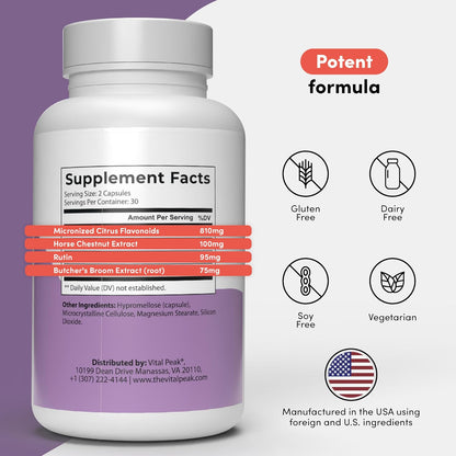 Vital Peak® Vein Care Blend | Circulation & Vein Support Supplements | Rutin, Horse Chestnut Extract, Butcher's Broom & Micronized Citrus Flavonoids, Vegetarian. 30 Days Supply. 60 Capsules