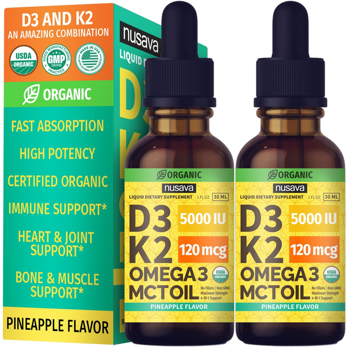 (2 Pack) Organic Vitamin D3 K2 Drops with MCT Oil & Omega 3 - Liquid Vitamin D3 5000 IU - K2 D3 Vitamin Supplement - Vitamin D Drops for Women & Men - No Fillers, Non-GMO, GMP, Unflavored (2 Fl Oz)