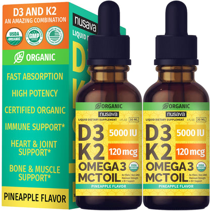 (2 Pack) Organic Vitamin D3 K2 Drops with MCT Oil & Omega 3 - Liquid Vitamin D3 5000 IU - K2 D3 Vitamin Supplement - Vitamin D Drops for Women & Men - No Fillers, Non-GMO, GMP, Unflavored (2 Fl Oz)