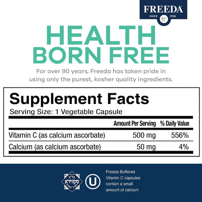 FREEDA Buffered Vitamin C 500mg for Immune Support – 100 Capsules | Includes 50mg Calcium – Supports Immune Health & Antioxidant Defense – Gentle on Stomachs, Kosher, Vegan, & Made in USA