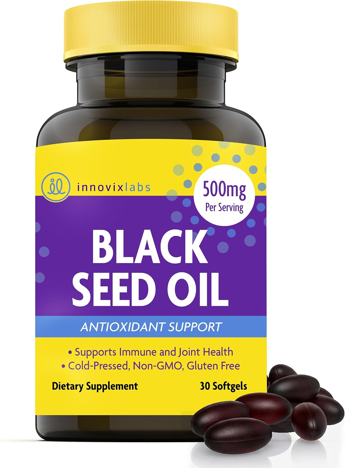 InnovixLabs Black Seed Oil Softgels, 500mg | Antioxidant Support for Immune & Joint Health | Cold Pressed Nigella Sativa Black Cumin Seed Oil | Enteric Coated for Reduced Burps | 30 Softgels