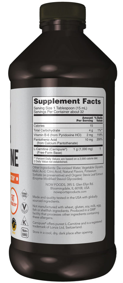 NOW Sports Nutrition, L-Carnitine Liquid 1,000 mg, Highly Absorbable, Tropical Punch
