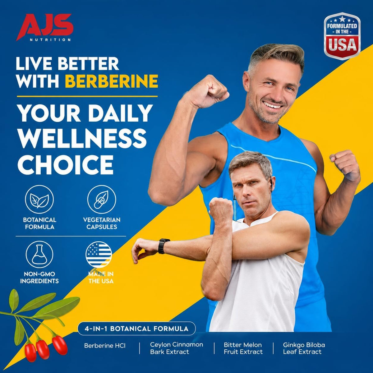 AJS Berberine HCl Supplement with Ceylon Cinnamon Bark, Bitter Melon Fruit