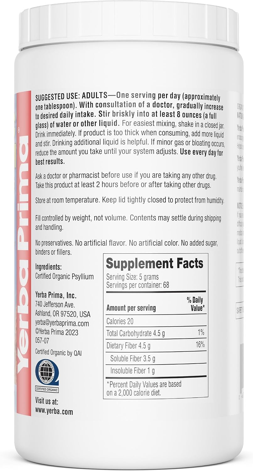 Yerba Prima Organic Psyllium Whole Husks 12 oz - Natural Dietary Fiber Supplement, Non GMO, Gluten Free, Keto and Vegan Friendly for Regularity Support, Unflavored