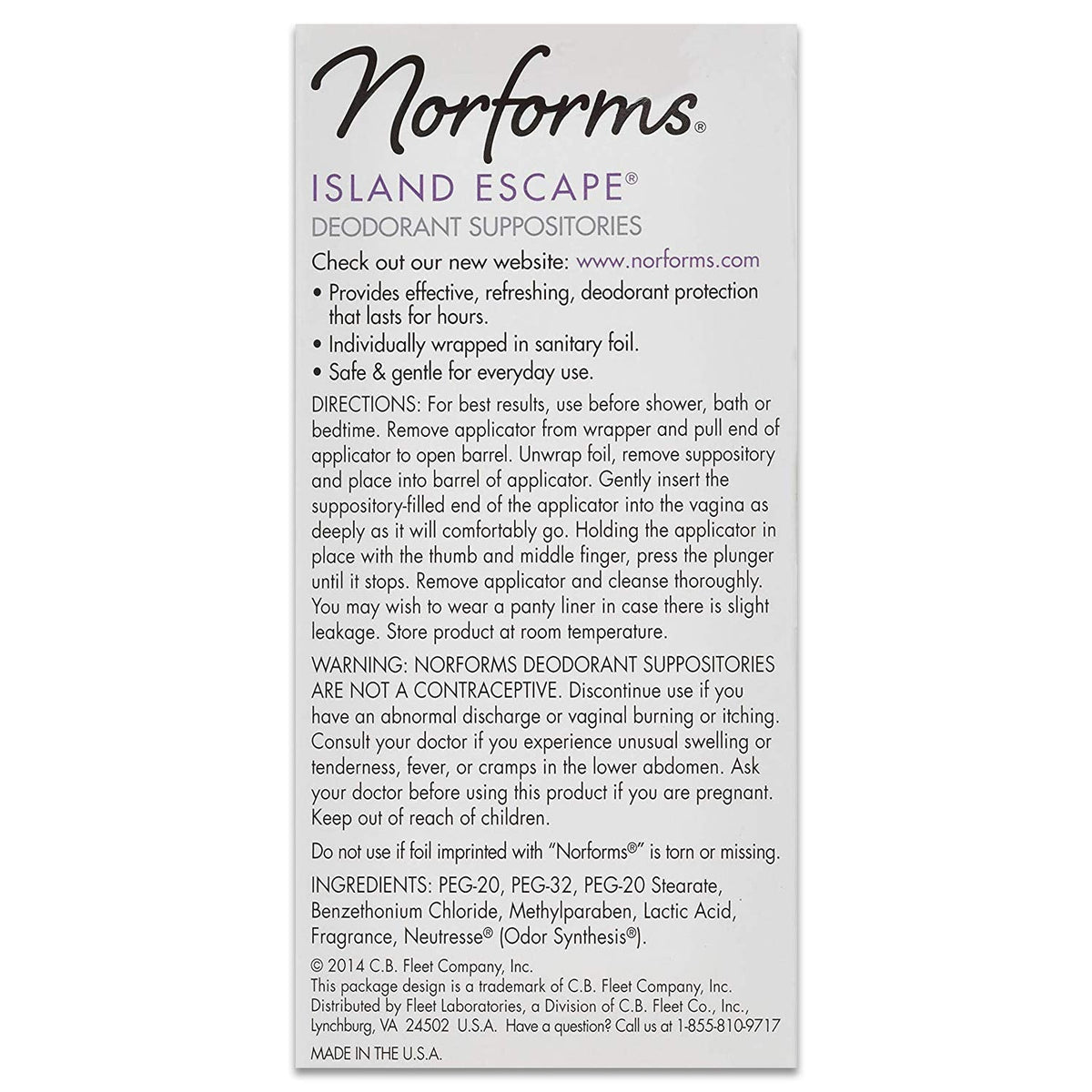 Norforms Feminine Deodorant Suppositories, Long Lasting Odor Control, Island Escape Scent, 12 Count