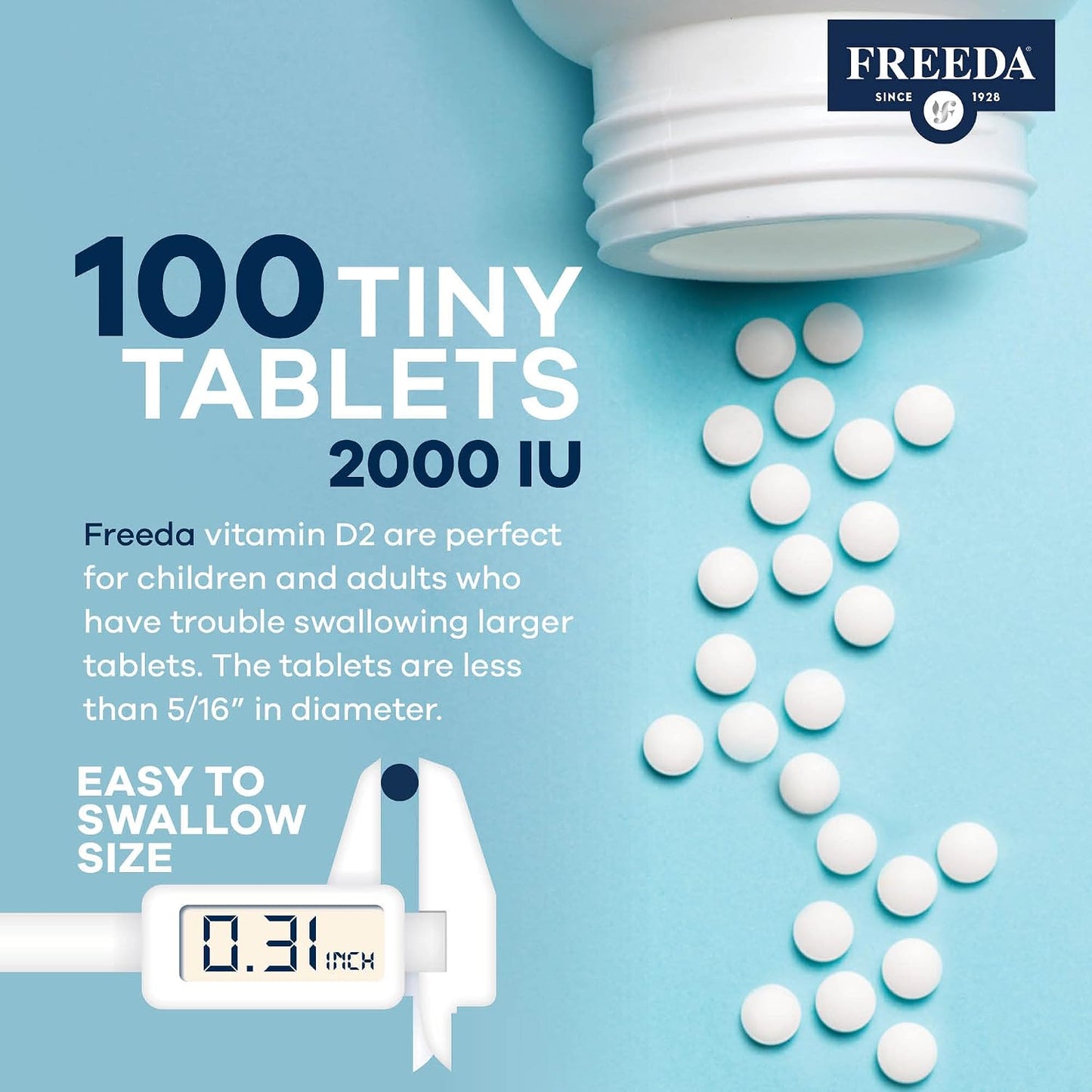 FREEDA Vitamin D2 2000 IU for Bone & Immune Support – Vegan, 100 Tablets | Supports Bone, Teeth & Muscle Function, Tiny Easy-to-Swallow Tablets, Ergocalciferol Supplement, Kosher, Made in USA