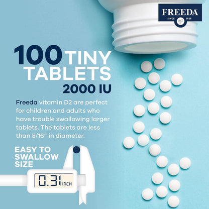 FREEDA Vitamin D2 2000 IU for Bone & Immune Support – Vegan, 100 Tablets | Supports Bone, Teeth & Muscle Function, Tiny Easy-to-Swallow Tablets, Ergocalciferol Supplement, Kosher, Made in USA