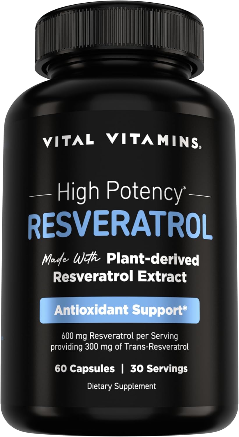 Vital Vitamins Resveratrol, 600mg with 300mg Trans-Resveratrol | Antioxidant Support for Cellular Longevity & Cognitive Function, Non-GMO, 60 Capsules