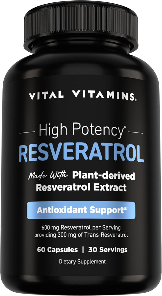 Vital Vitamins Resveratrol, 600mg with 300mg Trans-Resveratrol | Antioxidant Support for Cellular Longevity & Cognitive Function, Non-GMO, 60 Capsules