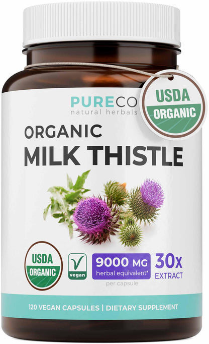 USDA Organic Milk Thistle Capsules - 80% Silymarin Supplement for Liver Support- Super Concentrated 300mg of 30:1 Milk Thistle Extract Equivalent to 9,000mg - Milk Thistle Liver Detox 60 Day Supply