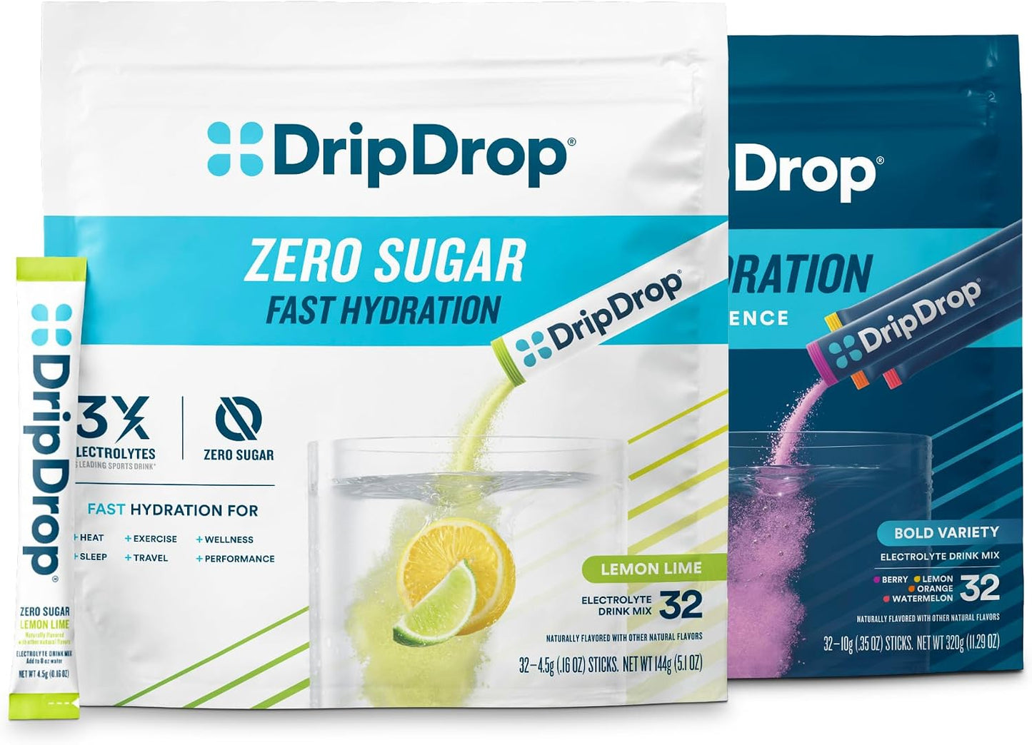 DripDrop Hydration Bold & Zero Sugar Bundle Electrolyte Packets, 64 Count | Berry, Watermelon, Lemon, Orange, Sugar Free Lemon Lime; 3X Electrolytes; Potassium, Magnesium, Zinc, Vitamin C; Single Serve