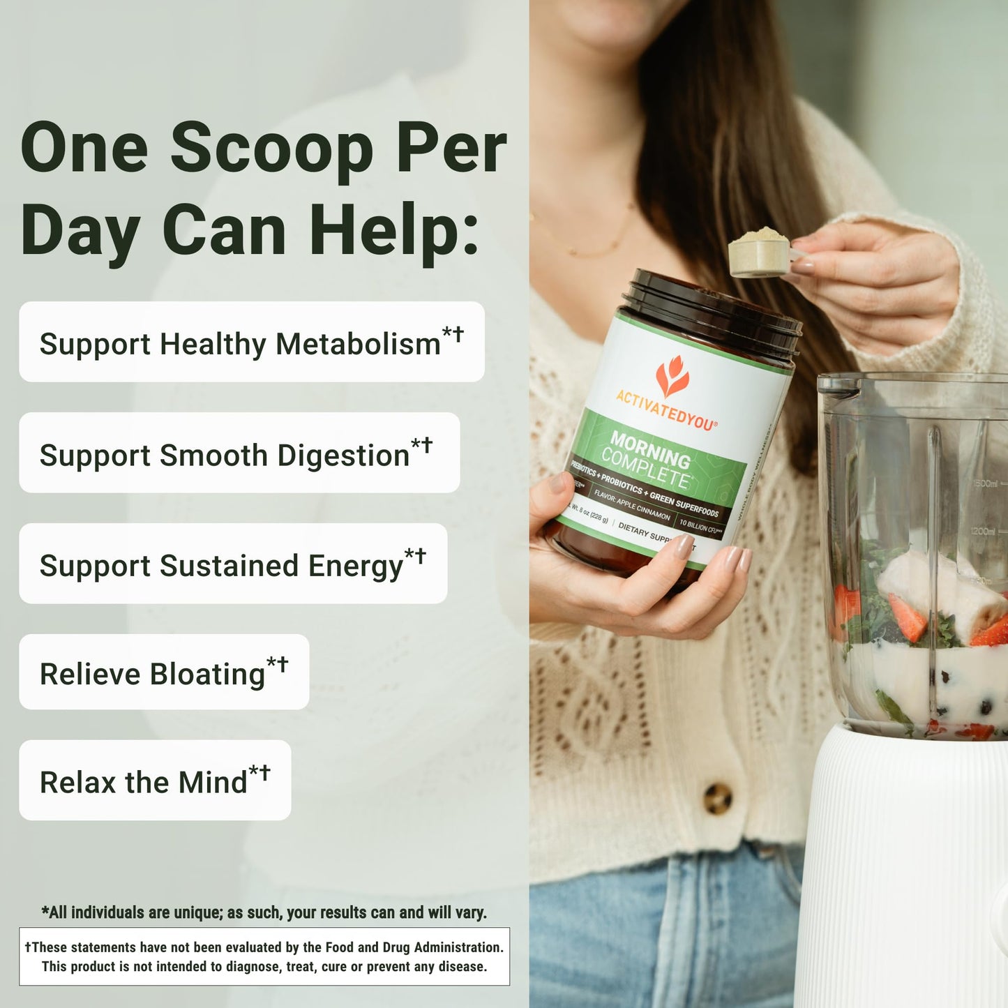 ACTIVATEDYOU Morning Complete Daily Wellness Greens Superfood Drink Mix for Gut Health w/Prebiotics, Probiotics, Antioxidants, Green Superfoods, 10 Billion CFUs, 30 Servings (Citrus)