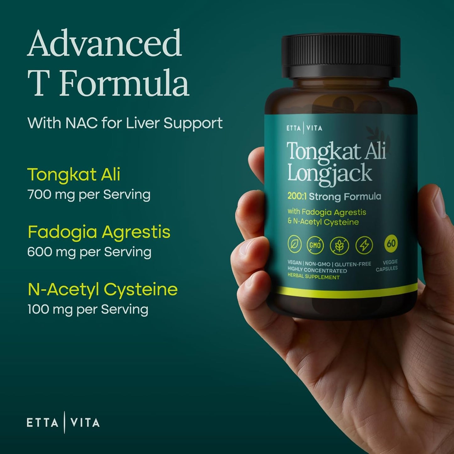 Testosterone Booster for Men with Tongkat Ali & Fadogia Agrestis [200:1 Longjack] - Lean Muscle Recovery for Men and Women, Hormonal Balance with NAC Liver Support, Detox & Cleanse, 60ct (Made in USA)