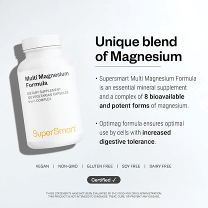 SuperSmart Multi Magnesium Formula (Previously Optimag) - Full Spectrum 8 Active Forms - Fight Magnesium Deficiency | Non-GMO & Gluten Free - 120 Vegetarian Capsules