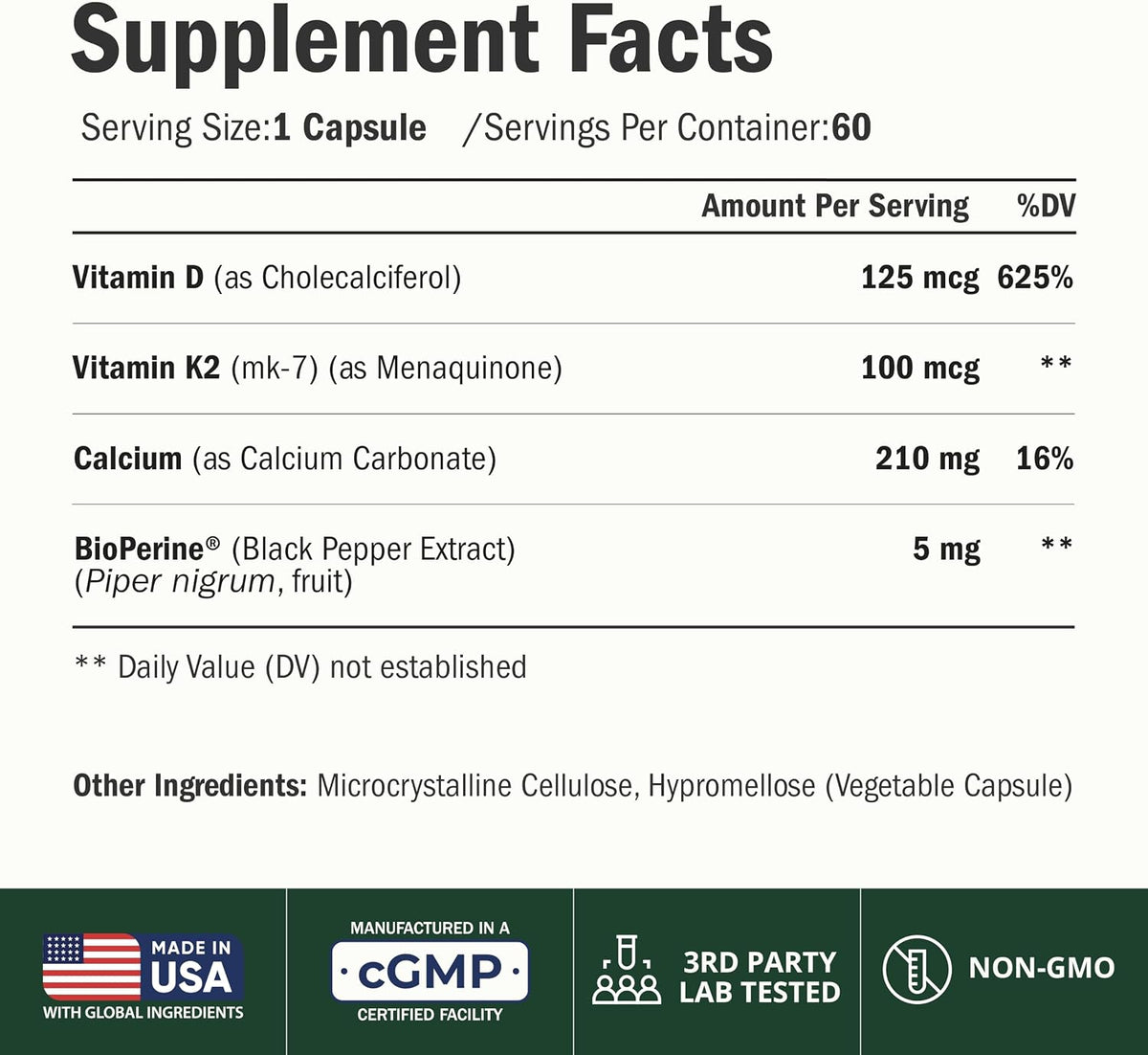 Vitamin D3 K2 Calcium Supplement – Vitamin D3 5000 IU, K2 MK7 – 60 Capsules