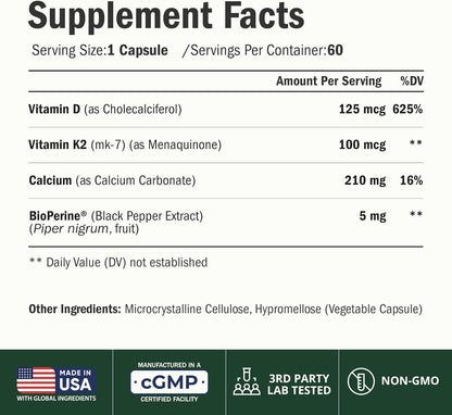 Vitamin D3 K2 Calcium Supplement – Vitamin D3 5000 IU, K2 MK7 – 60 Capsules