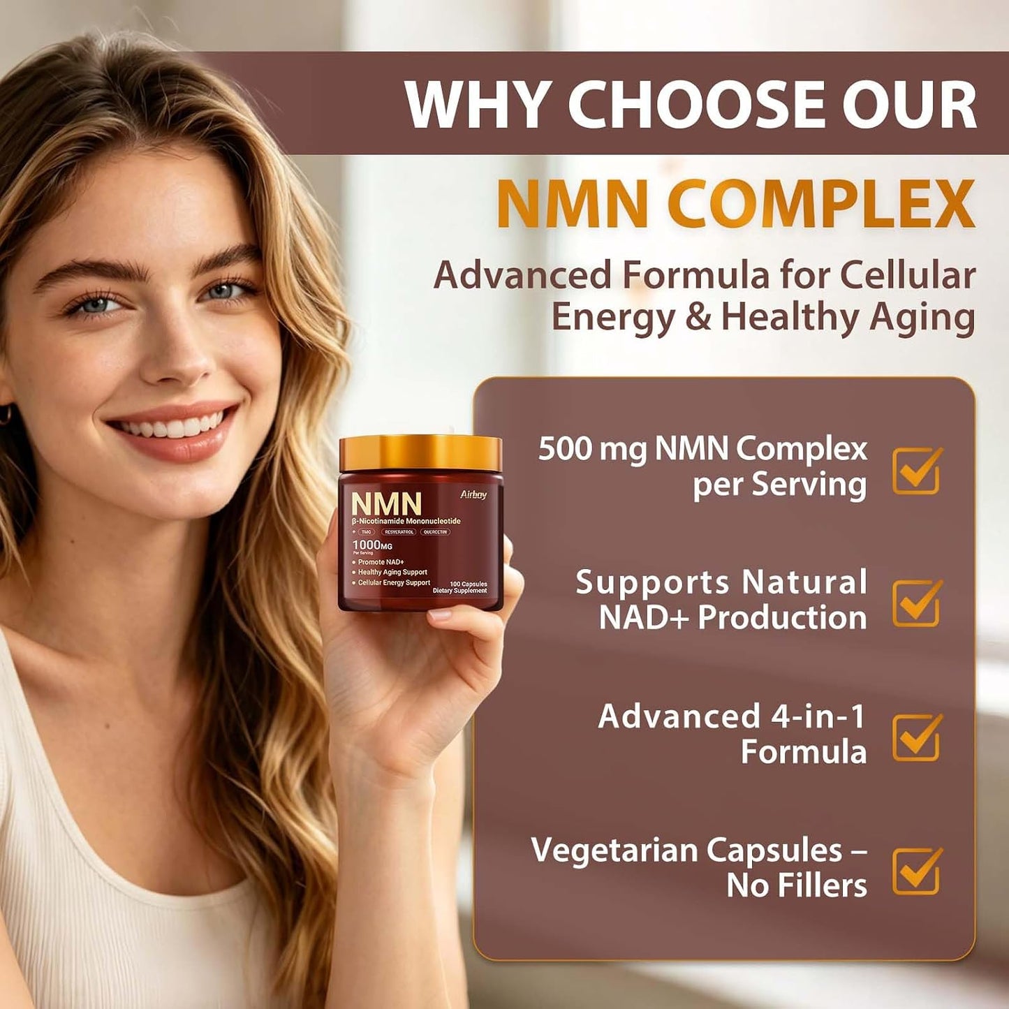 Airboy NMN Supplement 1000mg, 4-in-1 NAD+ Supplement with Nicotinamide Mononucleotide, Resveratrol, TMG, Quercetin, NMNH Alternative, Energy, Focus- 100 Count