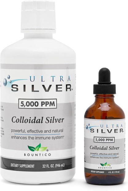Ultra Silver® Colloidal Silver | 5,000 PPM, 32 Oz (946mL) | Mineral Supplement | True Colloidal Silver - 4 oz Dropper Bottle (Empty) Included for Dispensing!