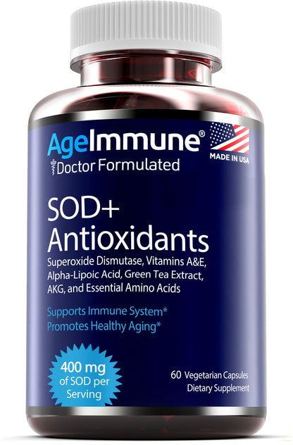 SOD Antioxidants Complex Healthy Aging Supplement - 400mg of Superoxide Dismutase - Alpha Lipoic Acid - Green Tea Extract - L-Arginine - Lysine - AKG - Vitamins A and E for Immune Support-120 Capsules