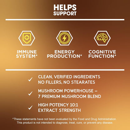 BioEmblem Mushroom Complex - 10:1 Strength and 7 Species - Lions Mane, Reishi, Cordyceps, Chaga, Maitake, Shiitake Mushroom Supplement - Immunity, Energy & Focus, Brain - Non-GMO, Vegan - 90 Caps