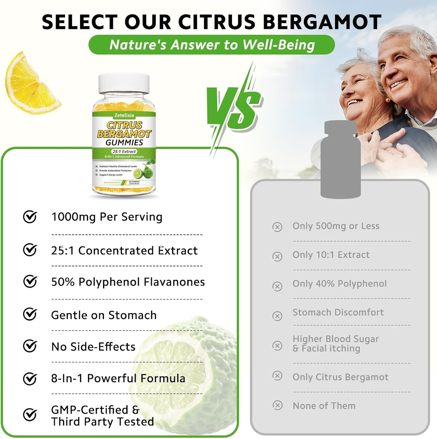 2 Pack Citrus Bergamot Gummies, Citrus Bergamot Supplement for High Cholesterol, Cholesterol Lowering Supplement for Heart, Immune System & Healthy Aging Support, Sugar Free, Lemon Flavor, 120 Cts