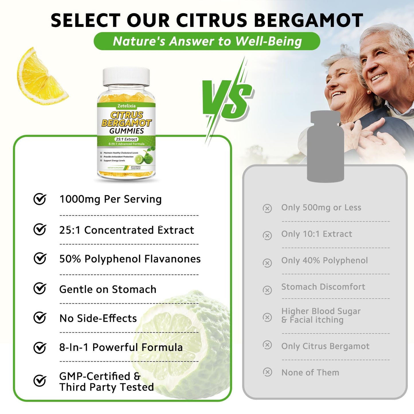 2 Pack Citrus Bergamot Gummies, Citrus Bergamot Supplement for High Cholesterol, Cholesterol Lowering Supplement for Heart, Immune System & Healthy Aging Support, Sugar Free, Lemon Flavor, 120 Cts