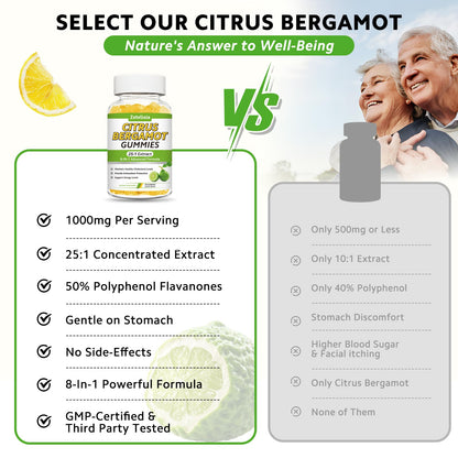 2 Pack Citrus Bergamot Gummies, Citrus Bergamot Supplement for High Cholesterol, Cholesterol Lowering Supplement for Heart, Immune System & Healthy Aging Support, Sugar Free, Lemon Flavor, 120 Cts